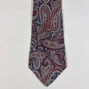 Mario Valentino Mens Silk Tie Red Navy Blue Paisley Italian Silk Made in USA